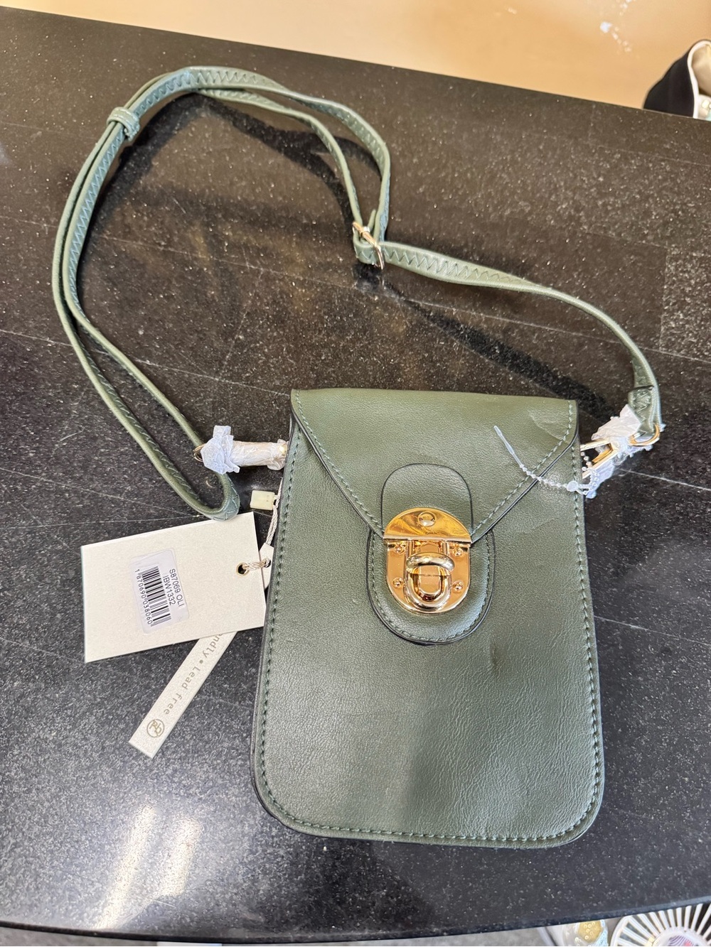 Green Leather Crossbody Phone Bag with Gold Lock